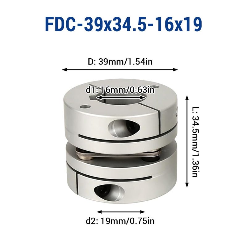 BORDSTRACT 16mm to 19mm Flexible Diaphragm Coupling, D39 L34.5 Aluminium 1 Diaphragm Motor Shaft Coupler for 3D Printer CNC Machine Servo Stepped Motor - Image 2
